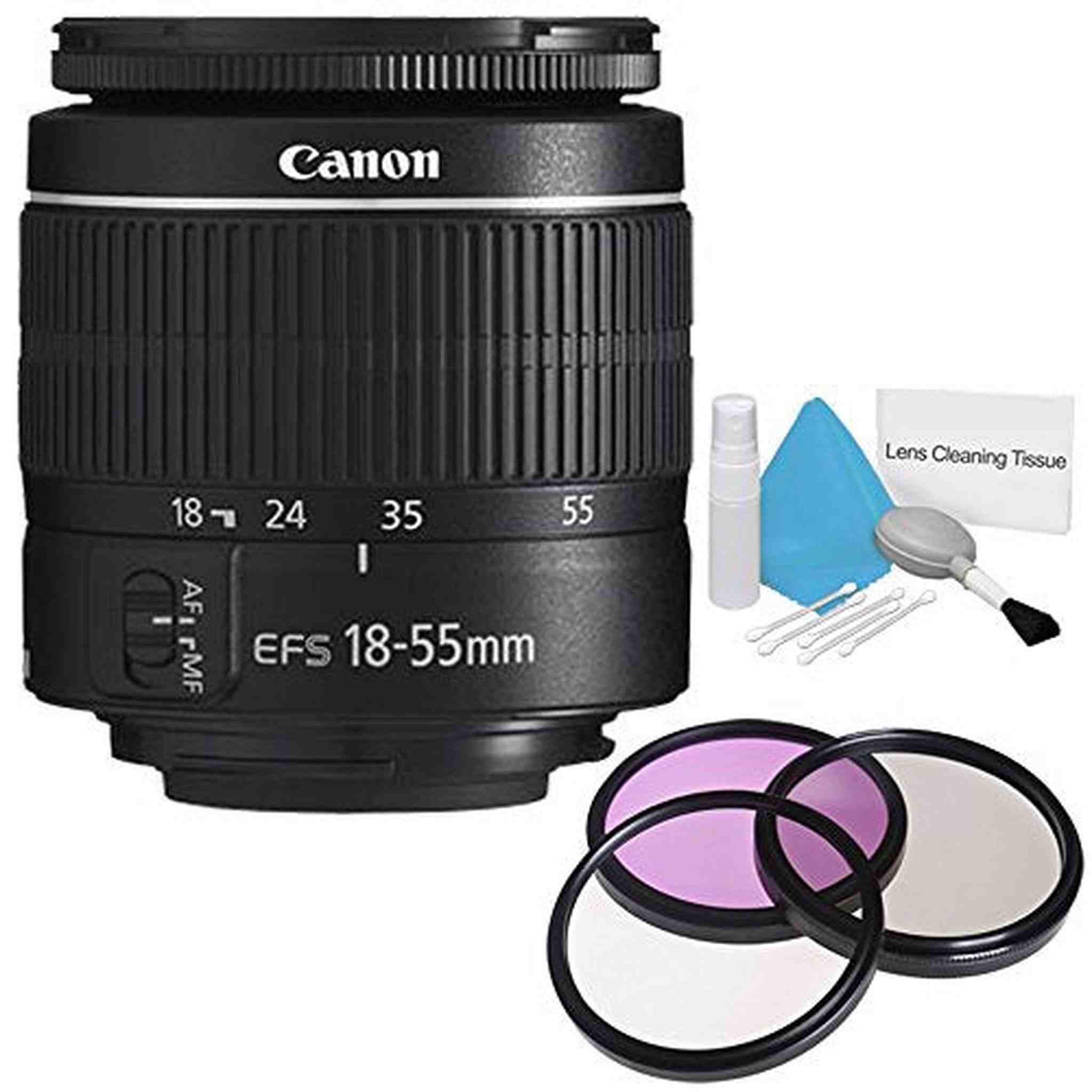 Canon EF-S 18-55mm f/3.5-5.6 III Lens International Model + 58mm 3 Piece Filter Kit + Deluxe Cleaning Kit - Used Canon