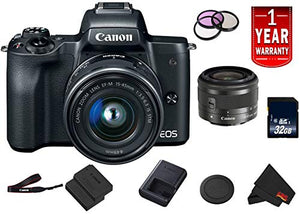Canon EOS M50 Mirrorless Digital Camera International Model w/ 15-45 is STM Lens Black Bundle