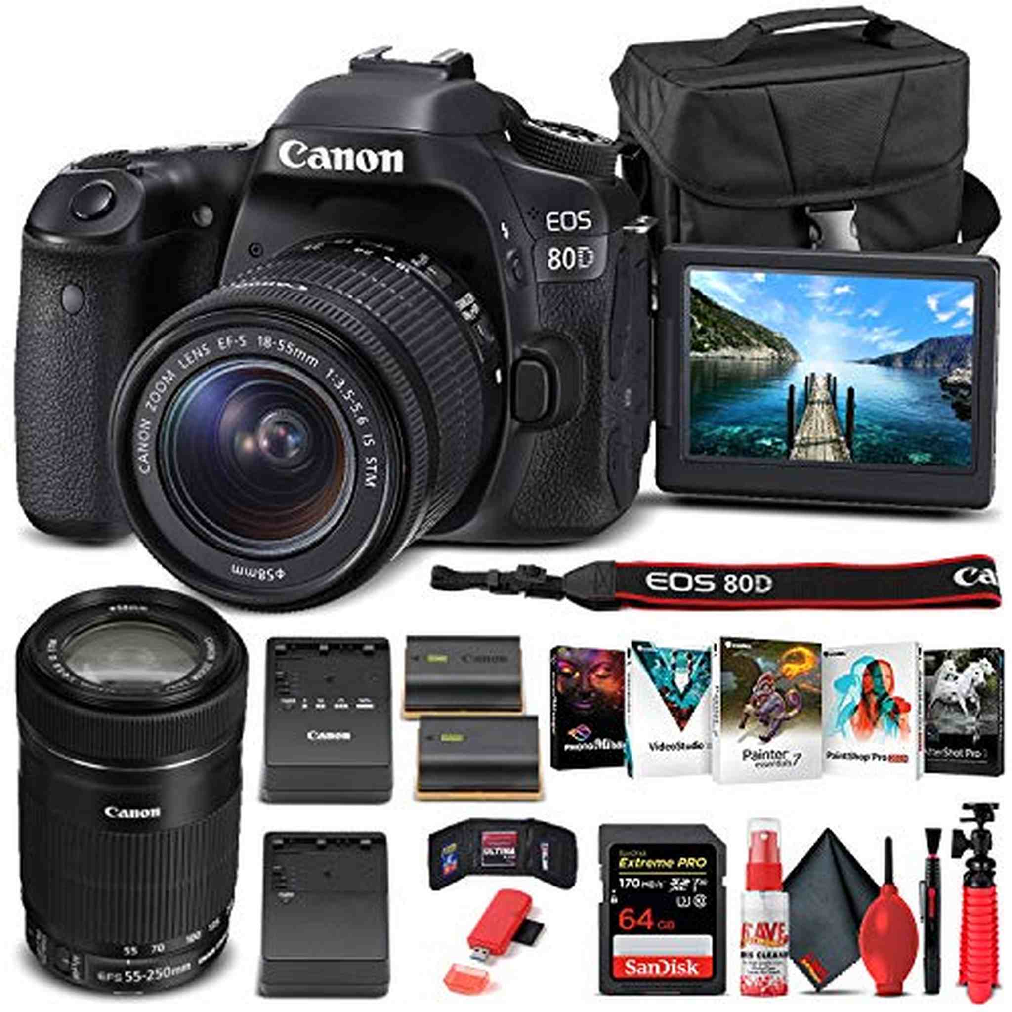Canon EOS 80D DSLR Camera W/ 18-55mm Lens and EF-S 55-250mm Lens - Basic Bundle - Reconditioned Canon