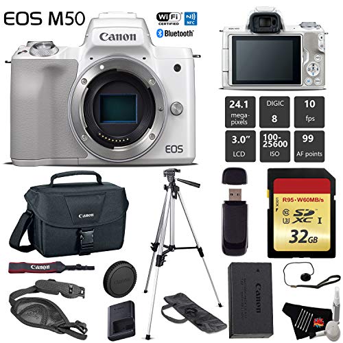 Canon EOS M50 Mirrorless Digital Camera White, Body Only + 32GB Class 10 Memory Card + Canon Camera Case + Full Size T