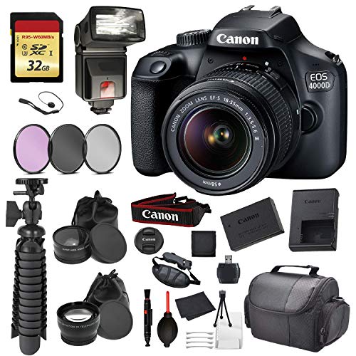 Canon EOS Rebel 4000D Digital SLR Camera with EF-S 18-55mm f/3.5-5.6 DC III Lens Kit (Rebel T100) Accessory Bundle Packa