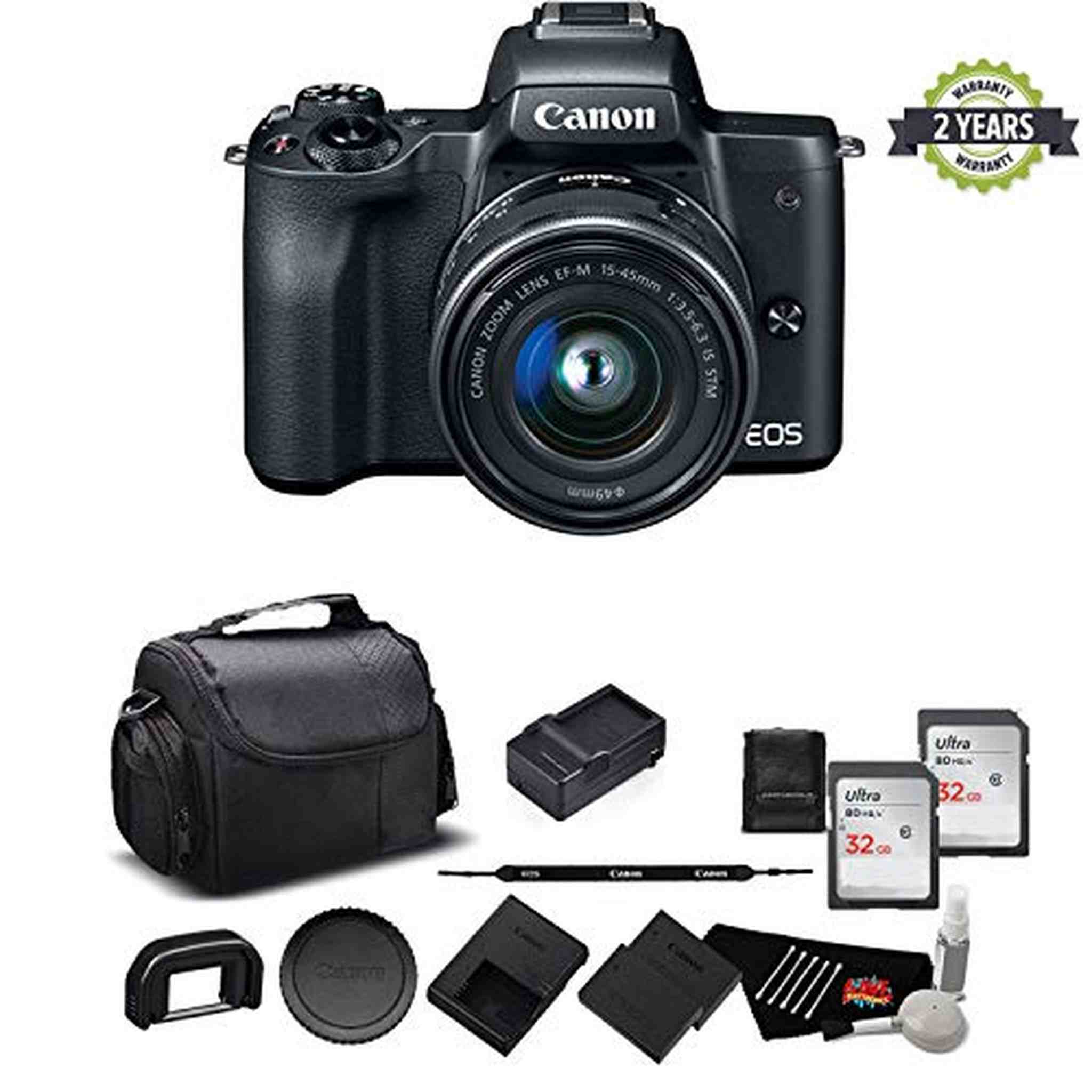 Canon EOS M50 Mirrorless Digital Camera with 15-45mm Lens and 4K Video 2680C011 Bundle - International Model w/ 2 Year S Canon