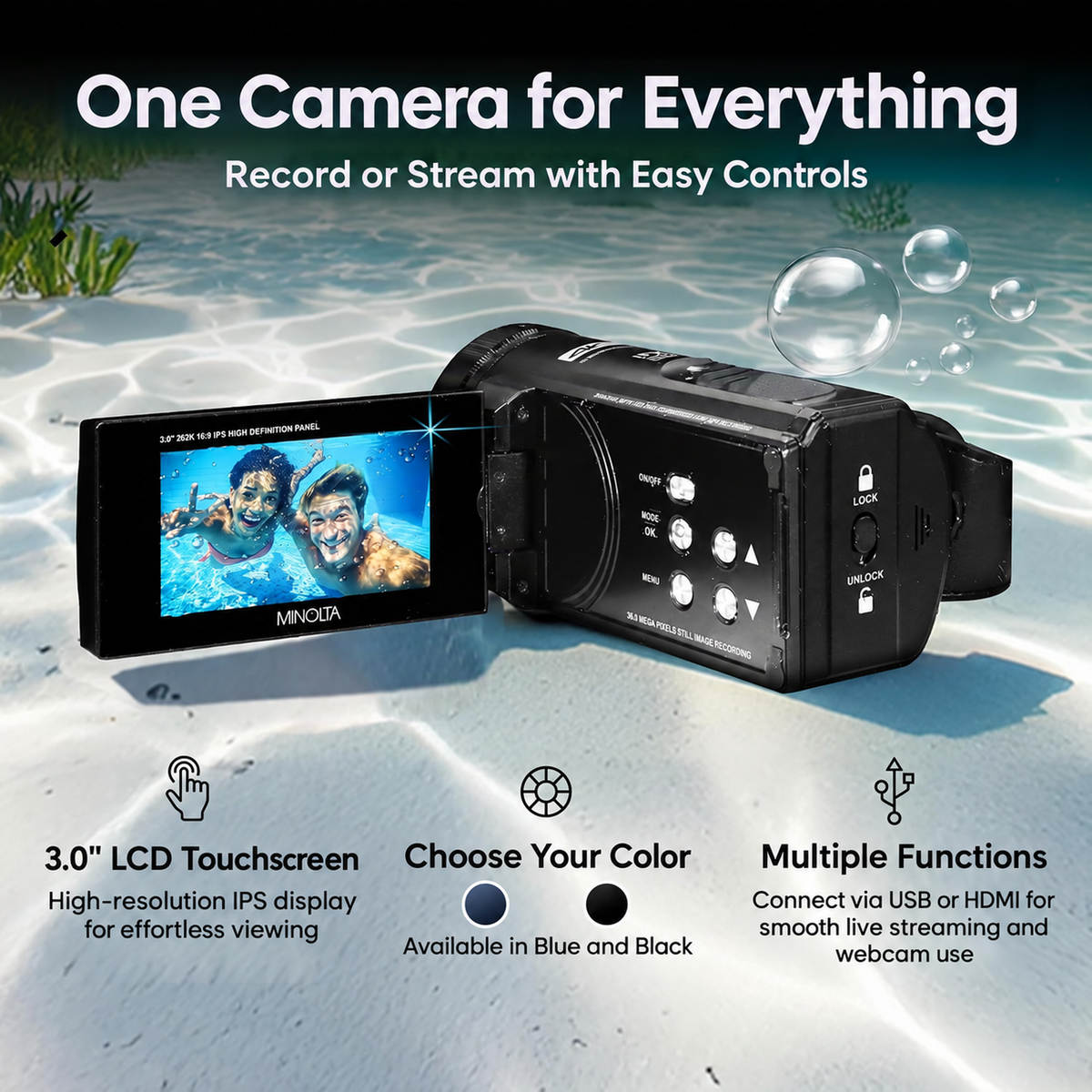Minolta MN4K300WP 4K Ultra HD / 56 MP Waterproof Camcorder - Black