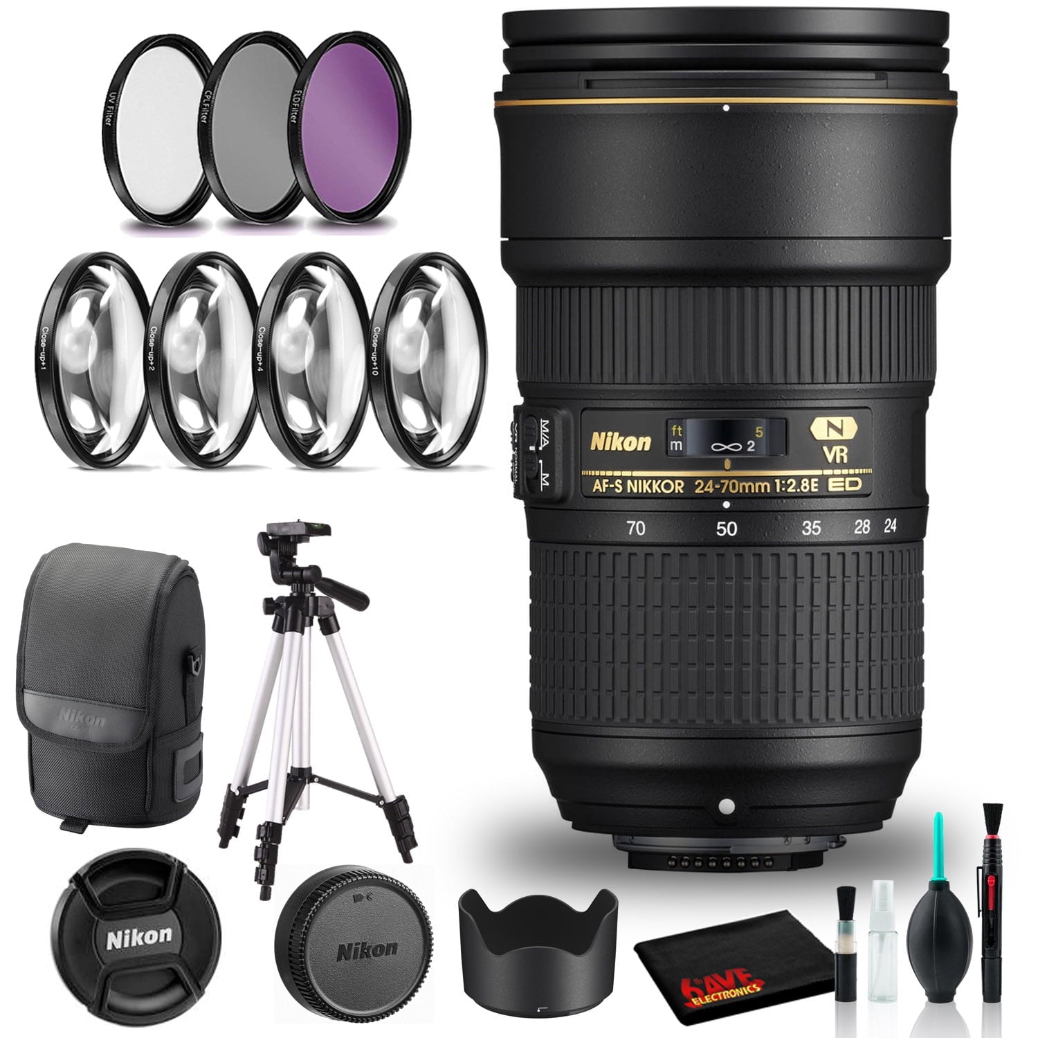 Nikon AF-S NIKKOR 24-70mm f/2.8E ED VR Lens Intl Model with Filters and Tripod