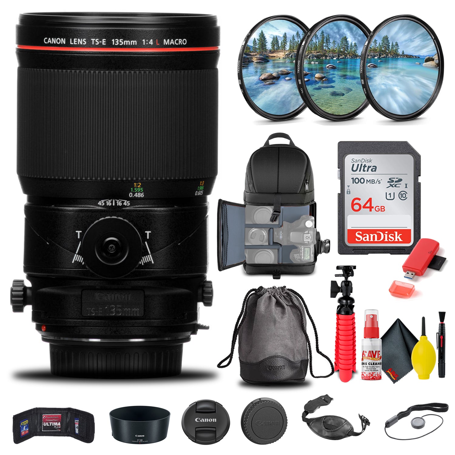 Canon TS-E 135mm f/4L Macro Tilt-Shift Lens (2275C002) + Filter Kit + More