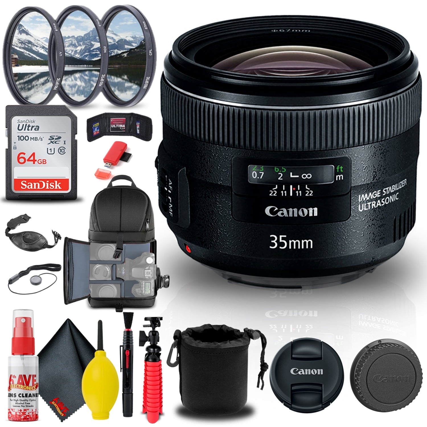 Canon EF 35mm f/2 IS USM Lens (5178B002) + Filter + BackPack + 64GB Card + More