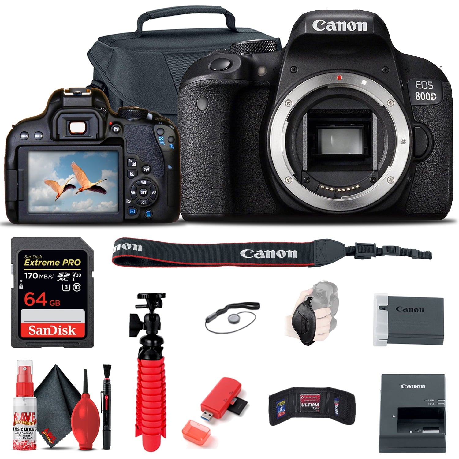 Canon EOS Rebel 800D / T7i DSLR Camera + 64GB Memory Card + Case Base Bundle