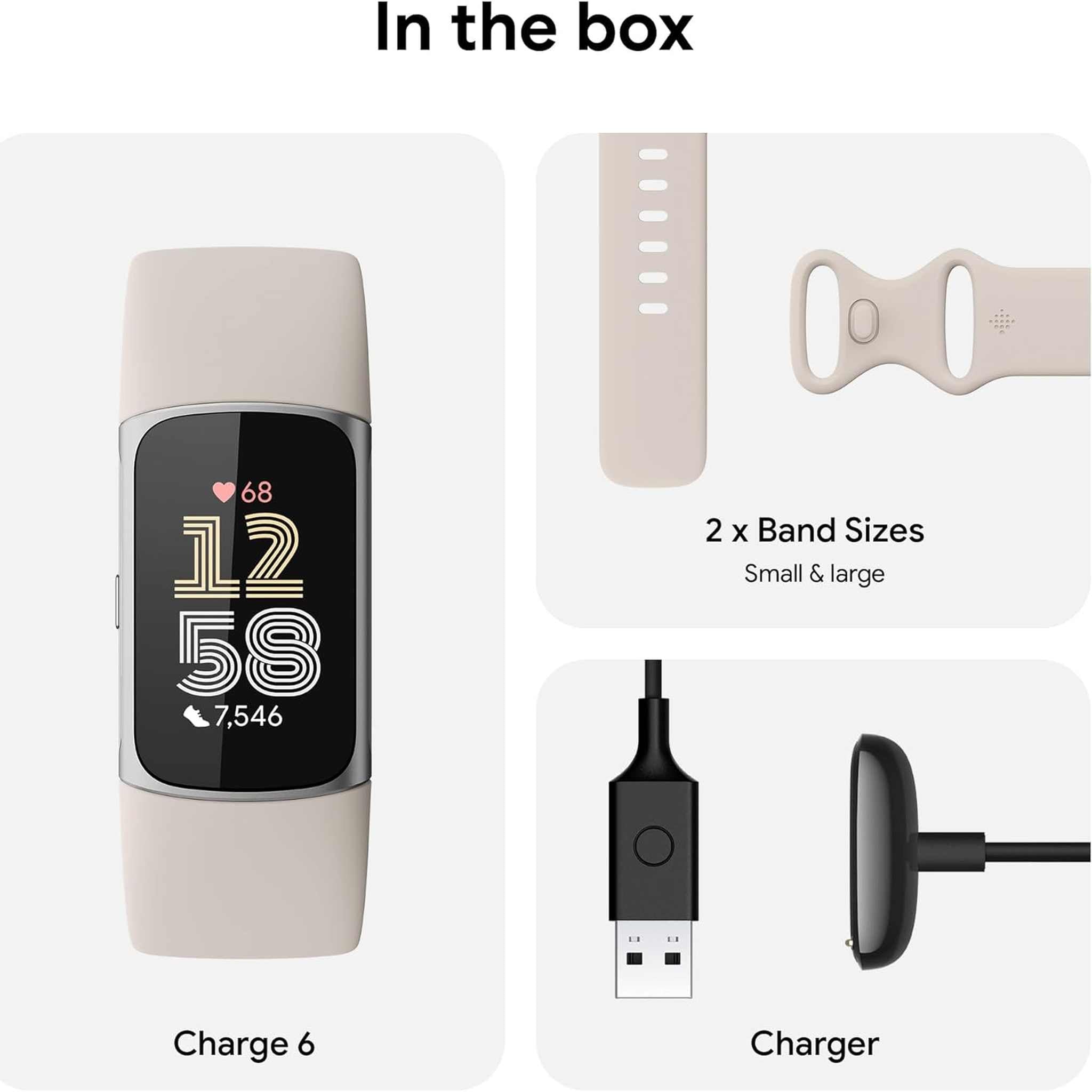 Fitbit Charge 6 Fitness Tracker Smartwatch- Porcelain/Silver Bundle Fitbit