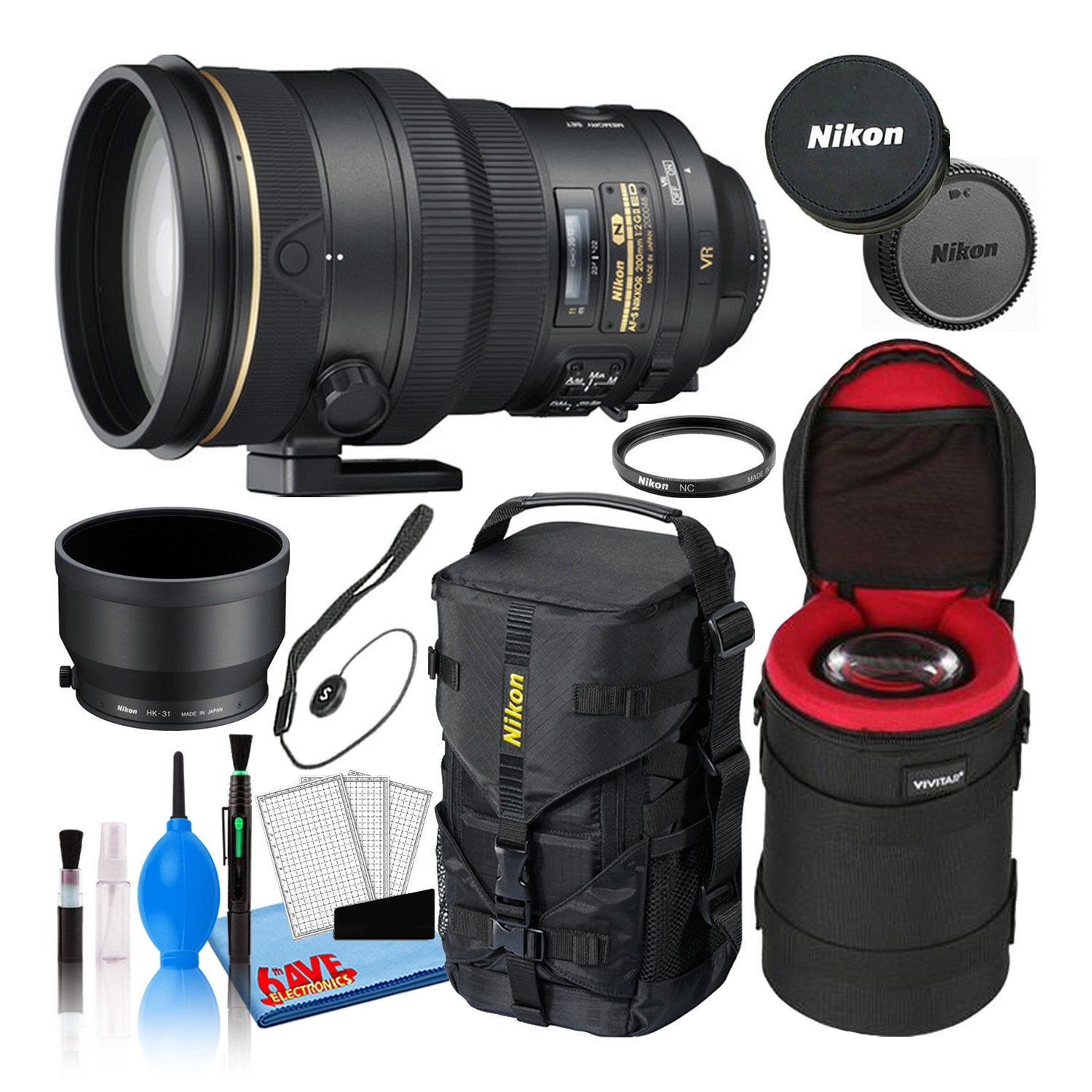 Nikon AF-S 200mm f/2G ED VR II Telephoto Lens 2188 Intl Model Bundle