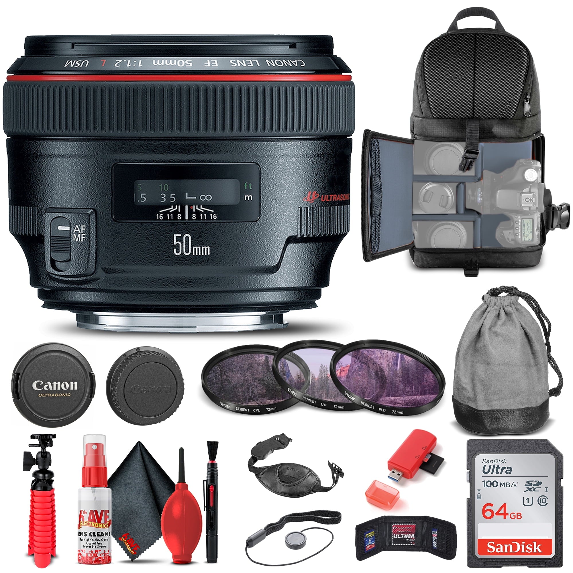 Canon EF 50mm f/1.2L USM Lens 1257B002 + Filter + BackPack + 64GB Card + More