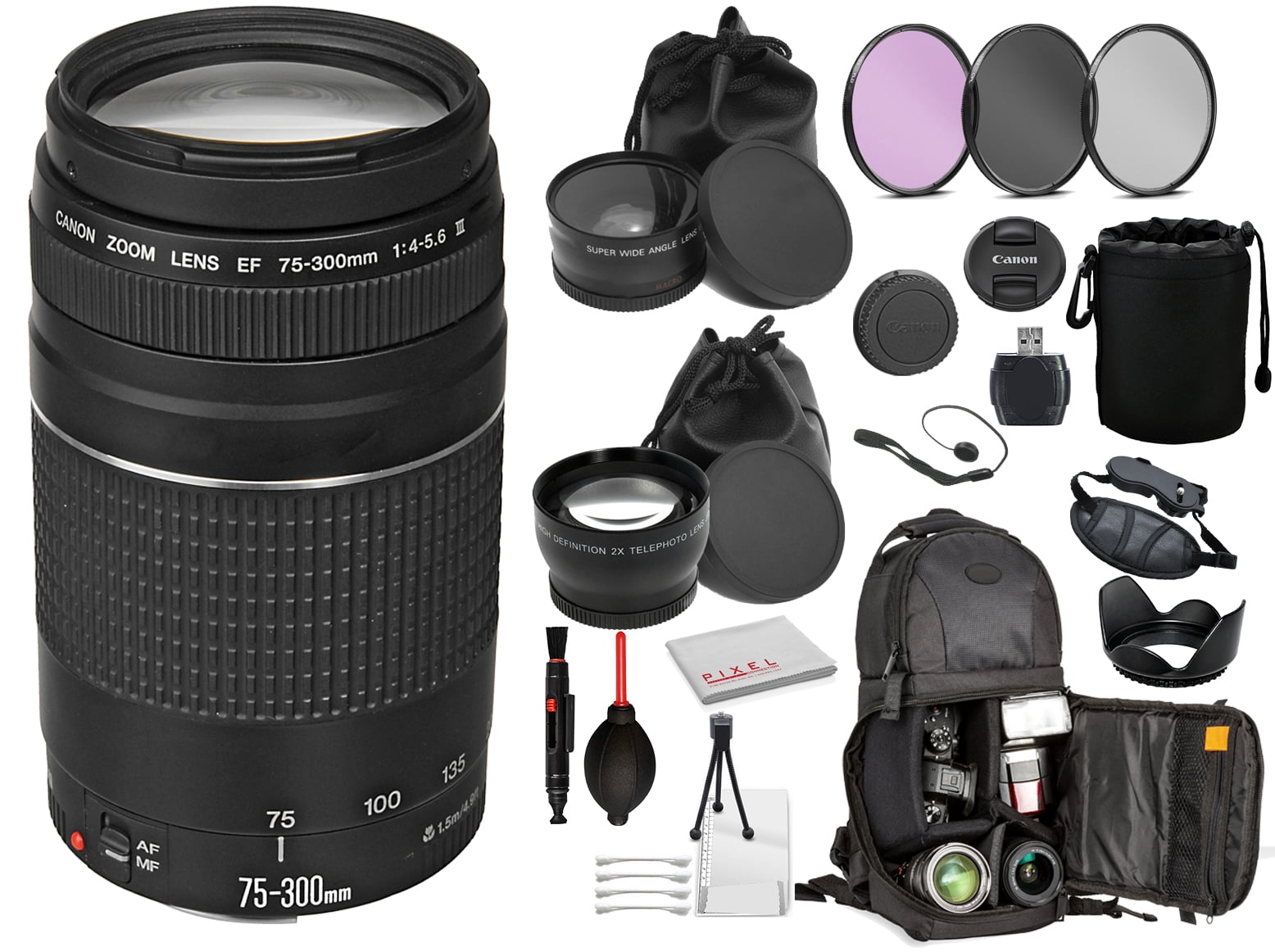 Canon EF 75-300mm f/4-5.6 III Lens 6473A003 Includes: DSLR Sling Backpack, 3PC filter Kit, + More