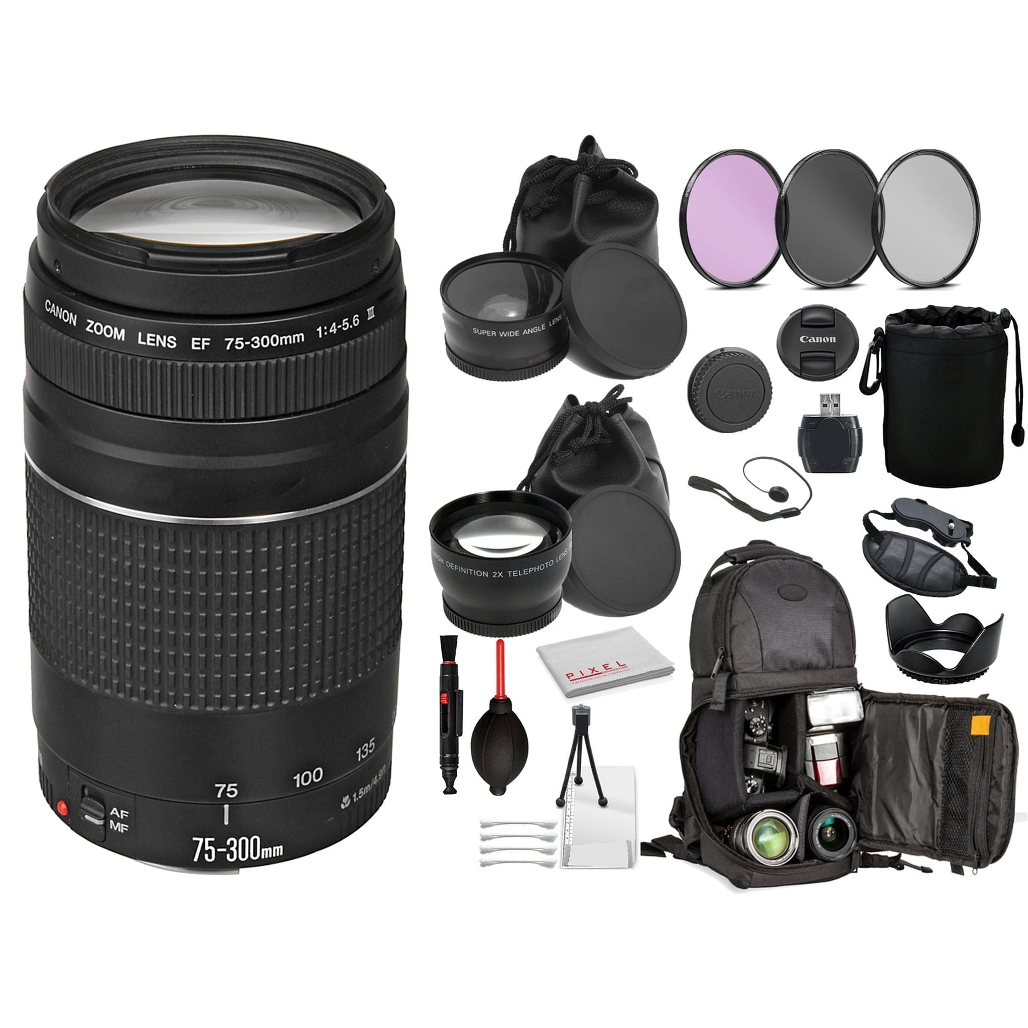 Canon EF 75-300mm f/4-5.6 III Lens 6473A003 Includes: DSLR Sling Backpack, 3PC filter Kit, + More
