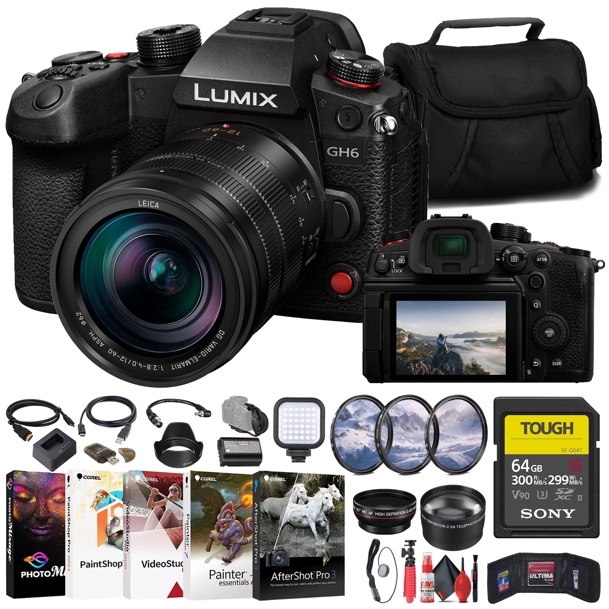 Panasonic Lumix GH6 Mirrorless Camera W/ 12-60mm Lens + Sony 64GB Card + More
