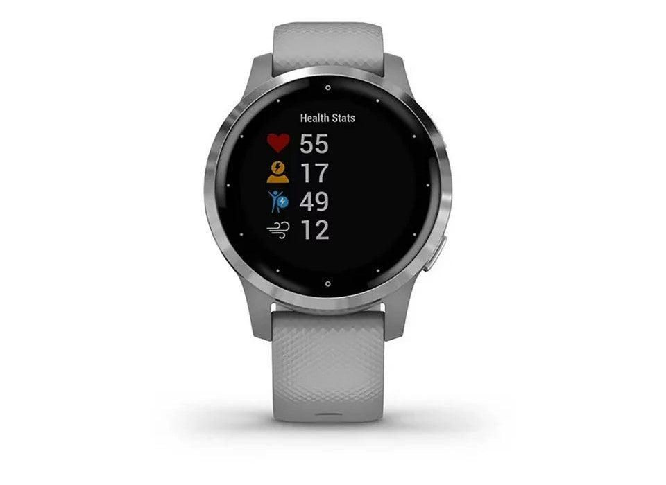 Garmin vivoactive 4S, Smaller-Sized GPS Smartwatch, Features Music, Body Energy Monitoring, Animated Workouts, Pulse Ox Sensors and More, Silver with Gray Band