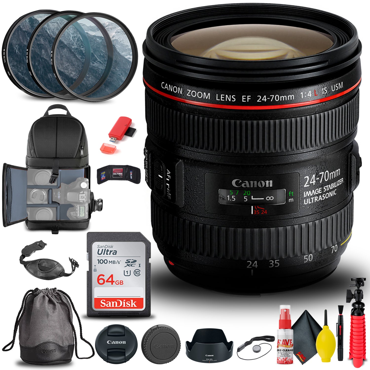 Canon EF 24-70mm f/4L IS USM Lens (6313B002) + Filter + BackPack + 64GB + More