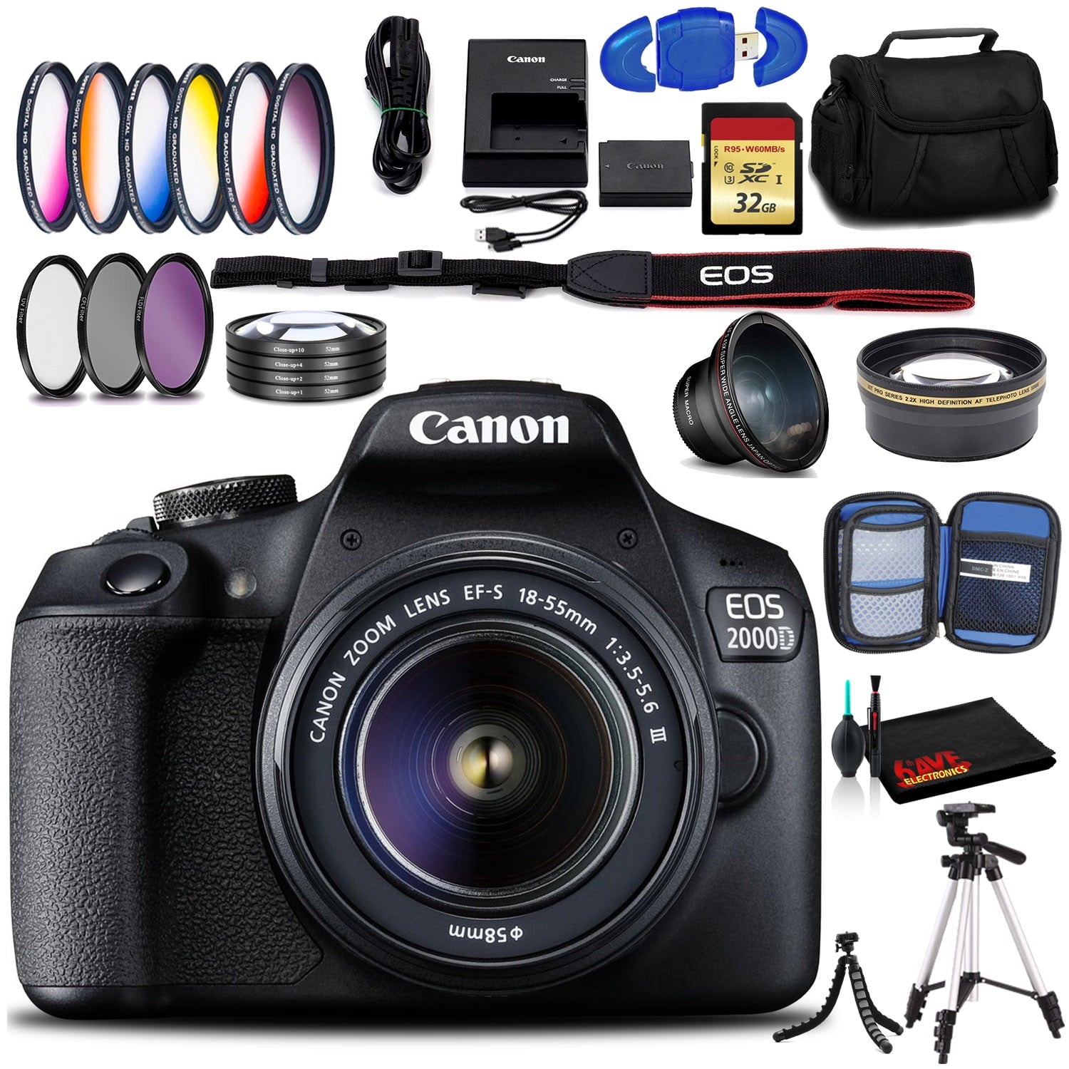 Canon EOS 2000D DSLR Camera with EF-S 18-55 mm f/3.5-5.6 III Lens Intl Model with Memory, Case, Tripods, and Filters