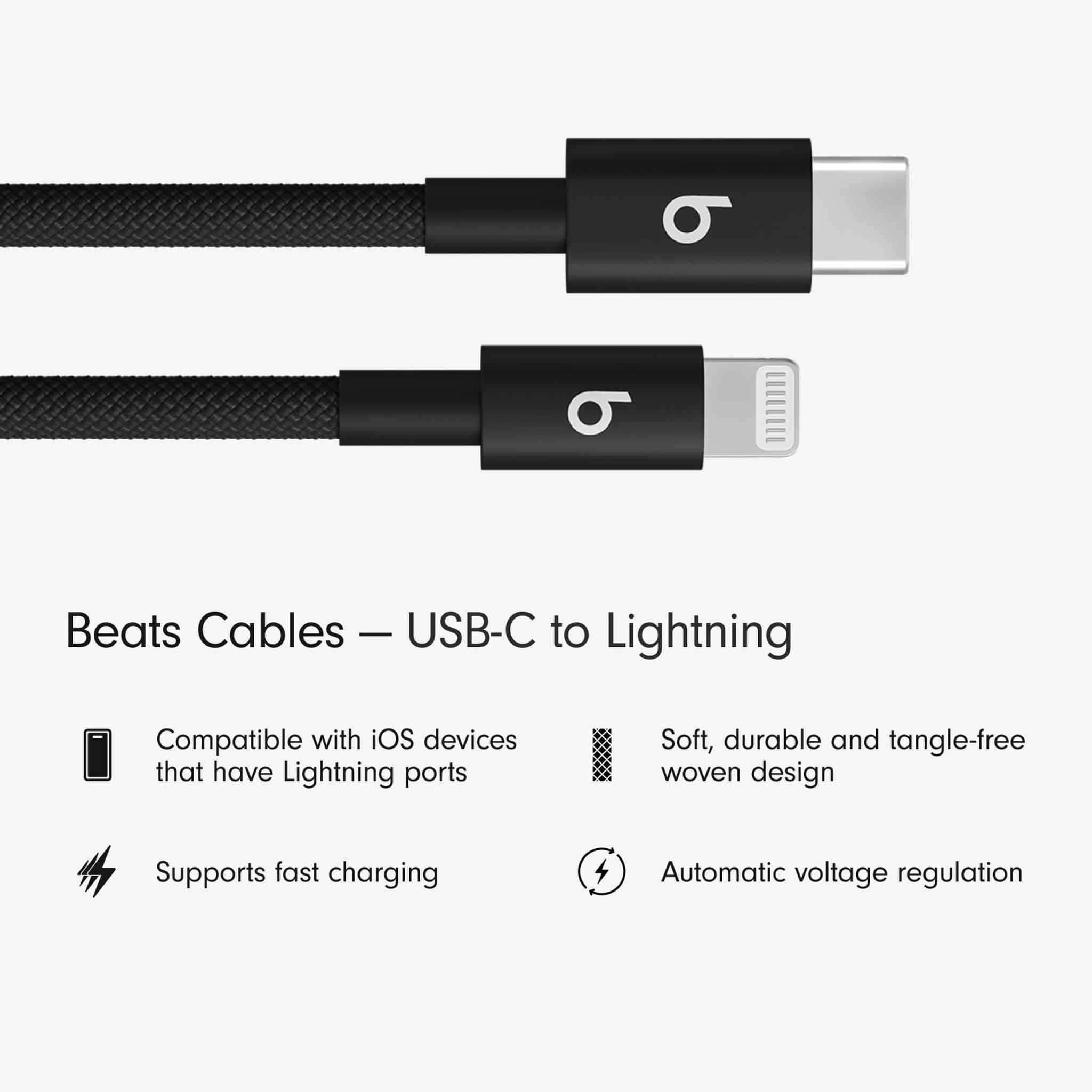 Beats USB-C to Lightning Woven Cable Fast Charging Durable/Tangle-Free Compatible Charger for Apple Devices w Lightning Ports 1.5 m, 5 ft - Bolt Black