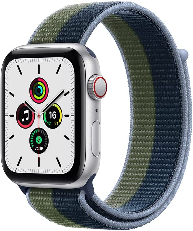 Apple Watch SE (1st Generation) (GPS + Cellular) Smartwatch with 40mm Silver Aluminum Case and Abyss Blue/Moss Green Sport Loop Strap. (Waterproof)