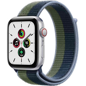Apple Watch SE 1st Generation GPS + Cellular Smartwatch with 40mm Silver Aluminum Case and Abyss Blue/Moss Green Sport Loop Strap. Waterproof Apple