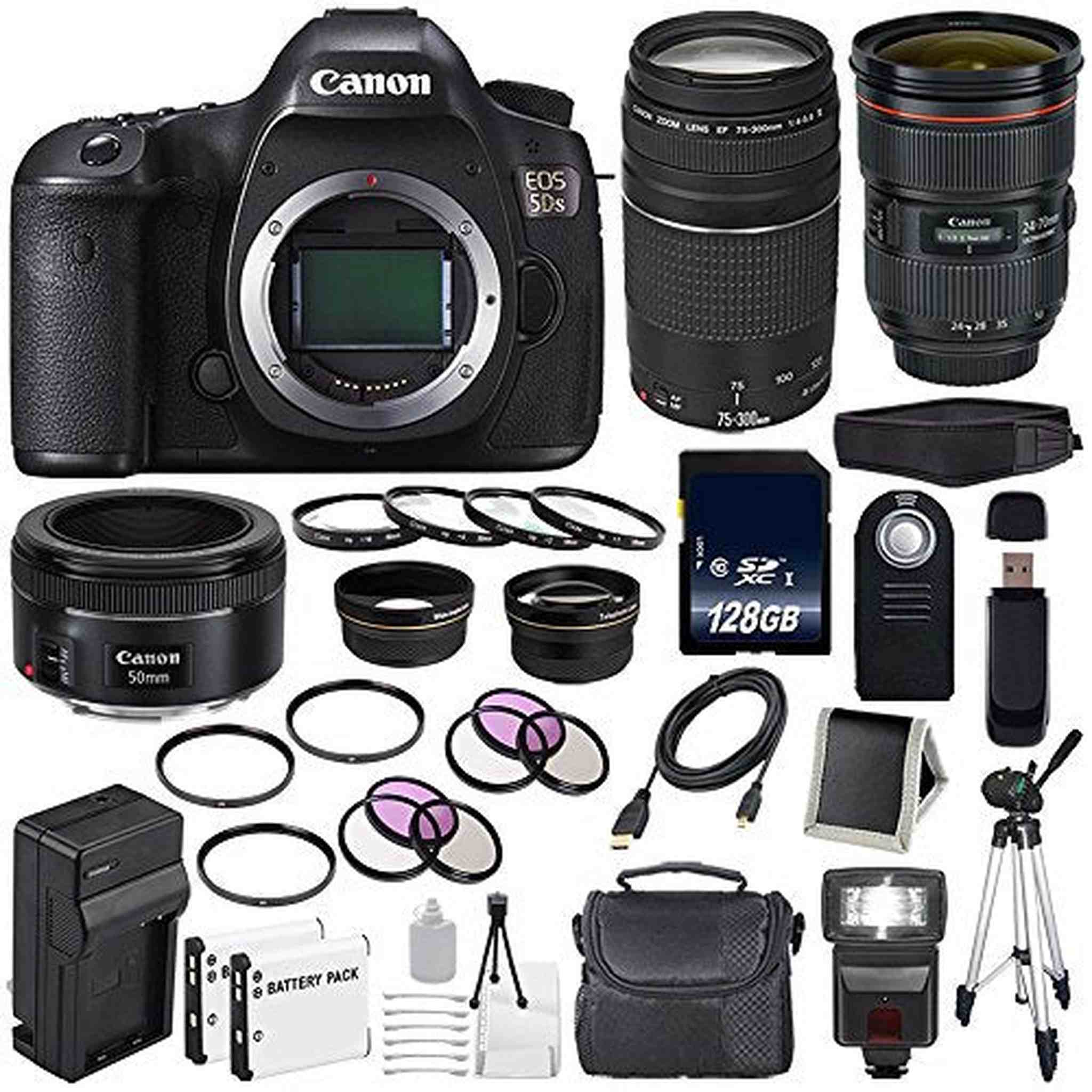 Canon EOS 5DS DSLR Camera International Model 0581C002 + Canon EF 24-70mm f/2.8L II USM Lens + Canon EF 75-300 III Base Bundle