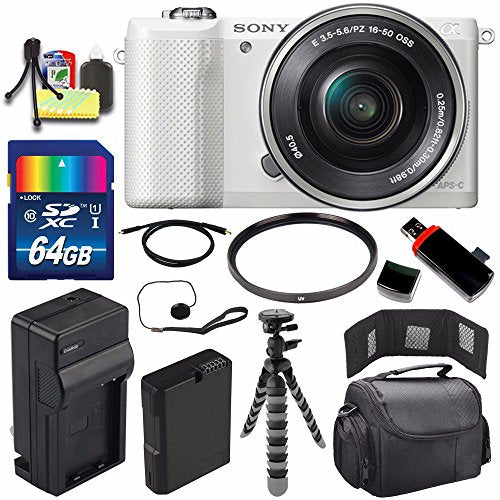 Sony Alpha a5000 Mirrorless Digital Camera with 16-50mm Lens (White) + Battery + Charger + 64GB Bundle 3 - International