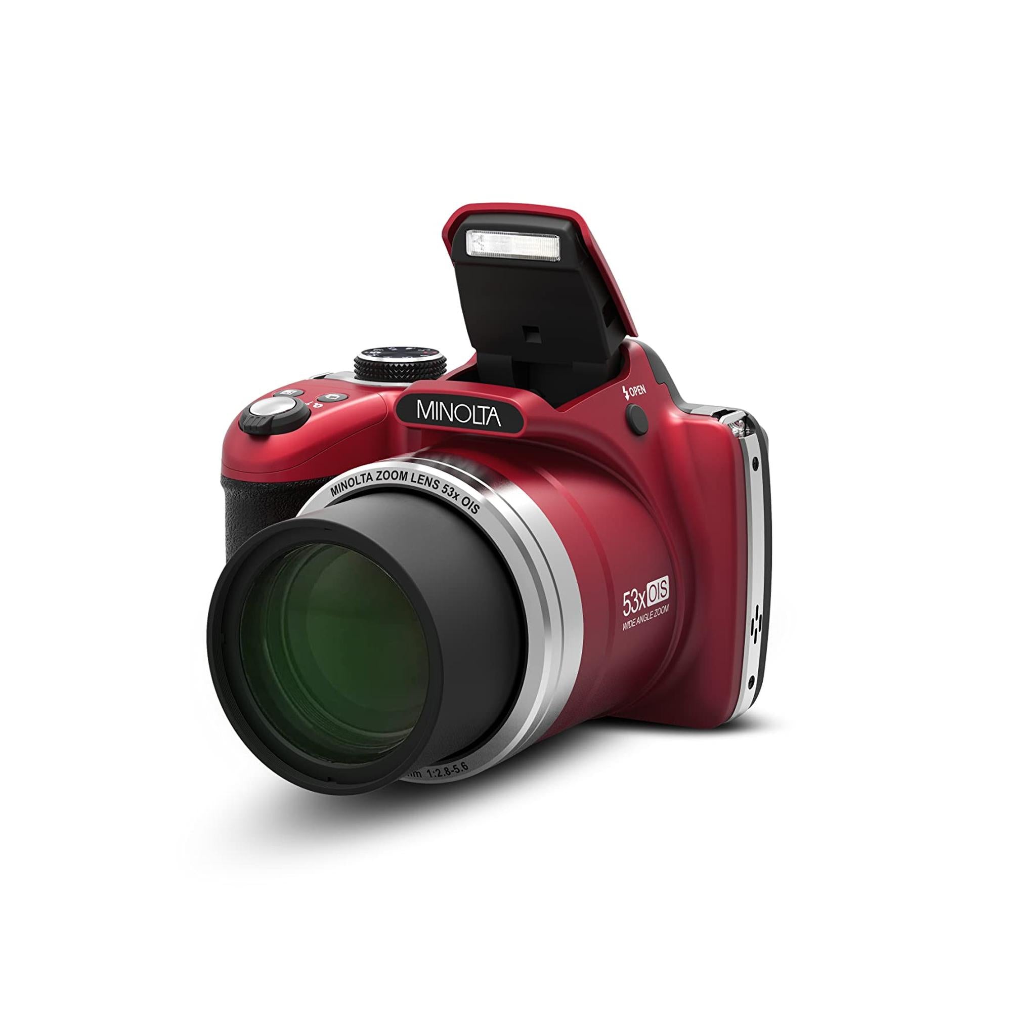 Minolta Pro Shot 16 Mega Pixel HD Digital Camera with 53x Optical Zoom, Full 1080p HD Video & 16GB SD Card, MN53Z, Red Minolta