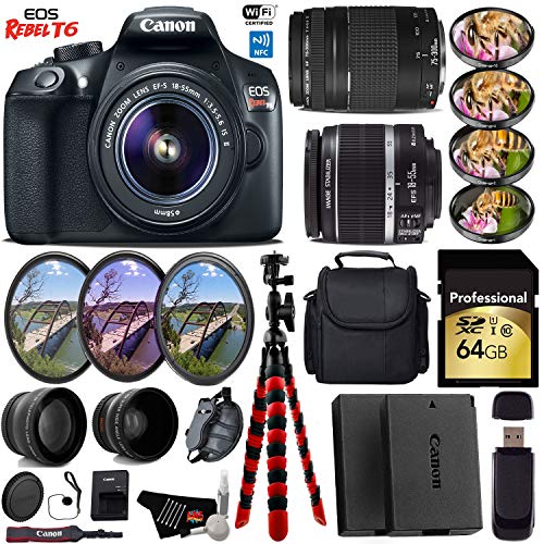 Canon EOS Rebel T6 DSLR Camera with 18-55mm is II Lens & 75-300mm III Lens + UV FLD CPL Filter Kit + 4 PC Macro Kit Pro Bundle