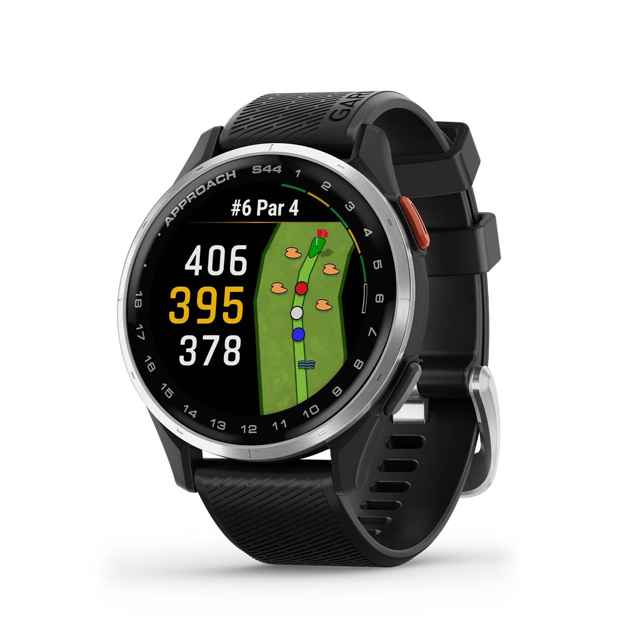 Garmin Approach® S44, Essential Golf GPS Smartwatch, AMOLED Display, On-Course Features, Silver Aluminum Bezel with Black Silicone Band Garmin