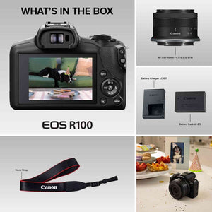 Canon EOS R100 Mirrorless Camera RF-S18-45mm F4.5-6.3 is STM Lens Kit, 24.1 Megapixel CMOS APS-C Sensor, 4K Video, Wi-Fi & Bluetooth, Beginner Photographers and Creators, Digital Camera, Black