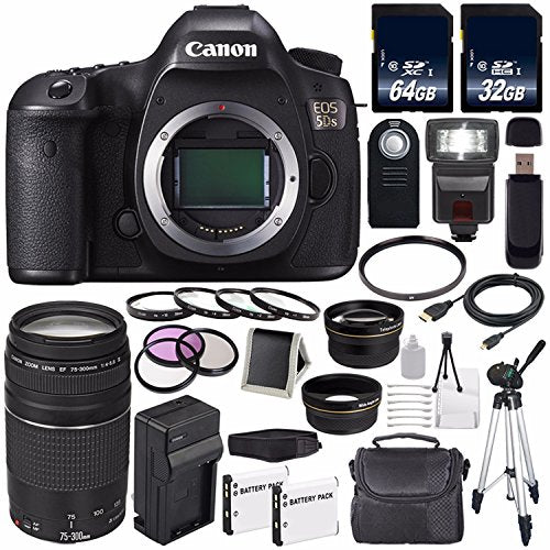 Canon EOS 5DS DSLR Camera (International Model) 0581C002 + Canon EF 75-300 III+ LP-E6 Replacement Battery + Charger + 64