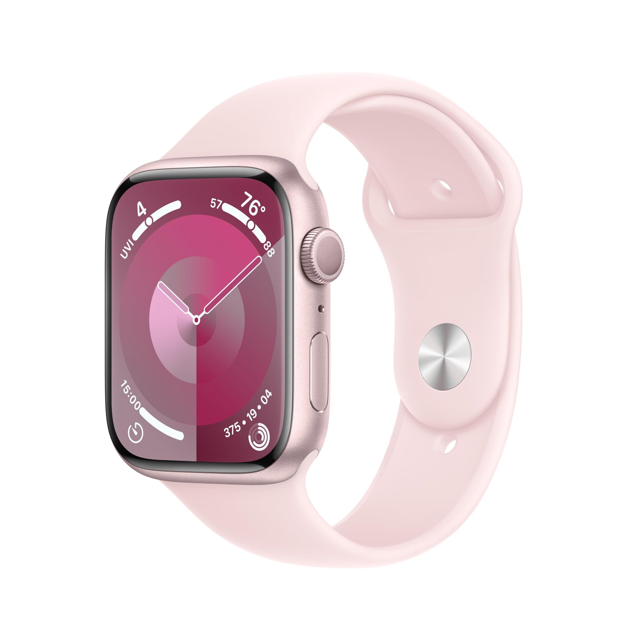 Apple Watch Series 9 GPS 45mm Smartwatch with Pink Aluminum Case with Light Pink Sport Band M/L. Fitness Tracker, ECG Apps, Always-On Retina Display, Water Resistant - Reconditioned Apple