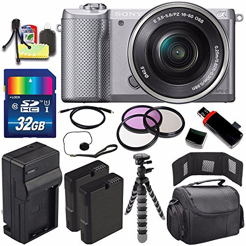 Sony Alpha a5000 Mirrorless Digital Camera with 16-50mm Lens (Silver) + Battery + Charger + 32GB Bundle 5 - Internationa