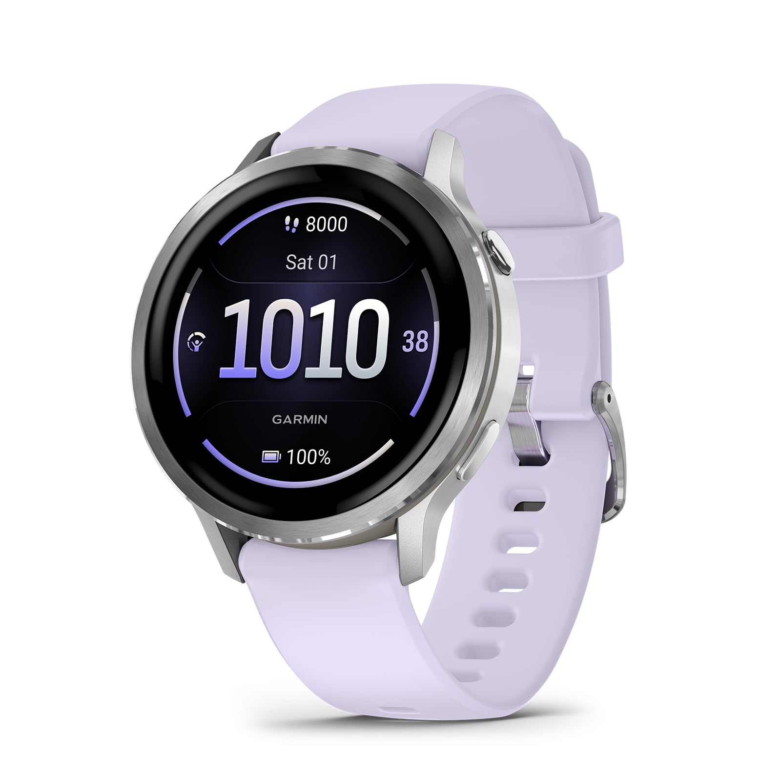 Garmin Venu® 4, 41mm, Advanced Health and Fitness GPS Smartwatch, Bright and Colorful Display, Built-in Flashlight, 10 Days of Battery Life, Silver with Periwinkle Silicone Band