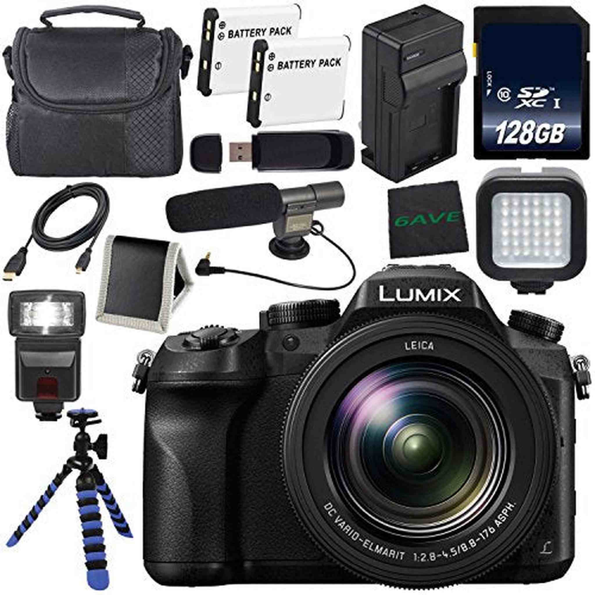 Panasonic Lumix DMC-FZ2500 Digital Camera International Model + Lithium Ion Battery + Charger + LED Light + 128GB SDXC