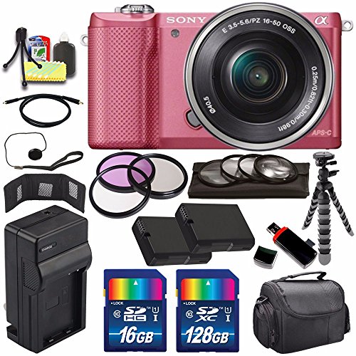 Sony Alpha a5000 Mirrorless Digital Camera with 16-50mm Lens (Pink) + Battery + Charger + 144GB Bundle 7 - International