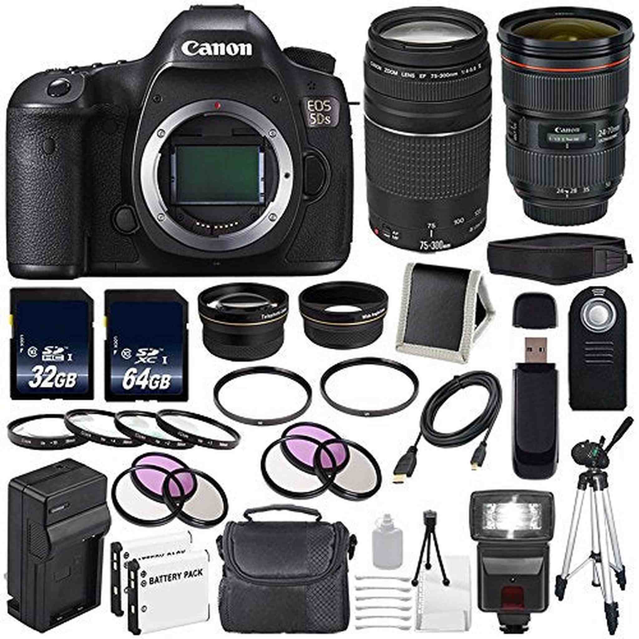 Canon EOS 5DS DSLR Camera International Model 0581C002 + Canon EF 24-70mm f/2.8L II USM Lens + Canon EF 75-300 III+ LP
