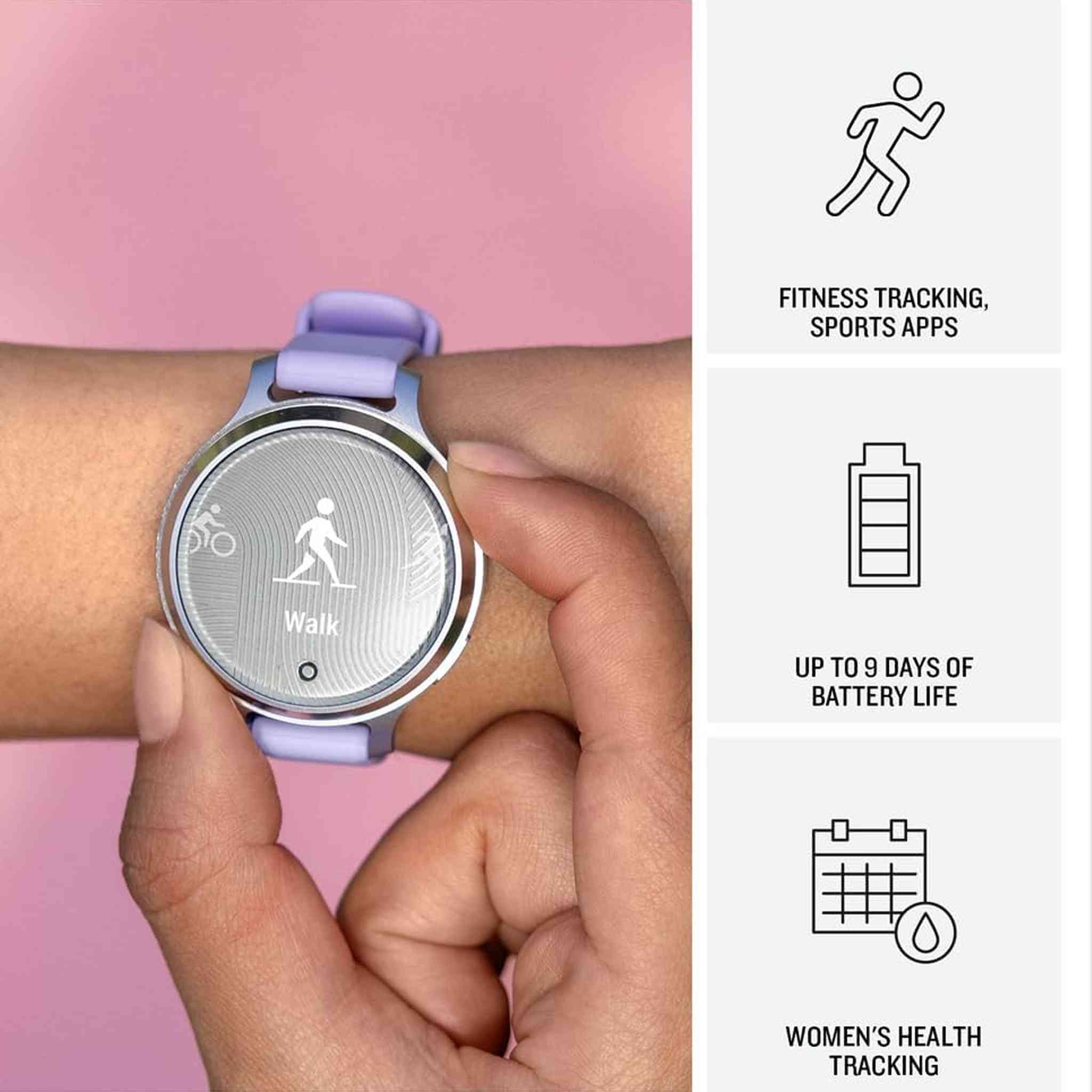 Garmin Lily® 2 Active, Small and Stylish Smartwatch, Built-in GPS, Hidden Display, Patterned Lens, Up to 9 Days Battery Life, Silver with Purple Jasmine Silicone Band