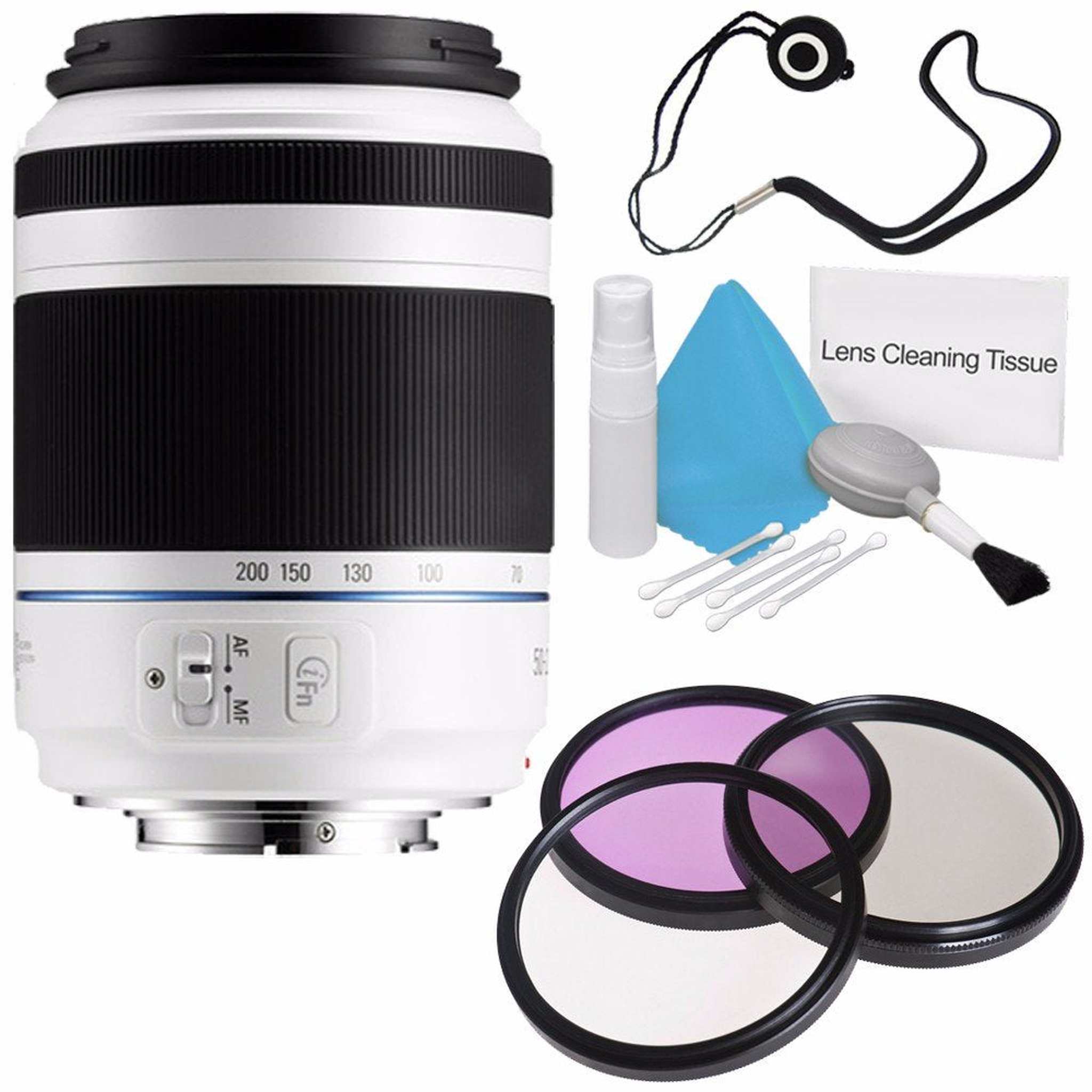 Samsung 50-200mm f/4.0-5.6 ED OIS Lens White EX-T50200CSWUS + 3 Piece Filter Kit + Lens Cap Keeper + Deluxe Cleaning K