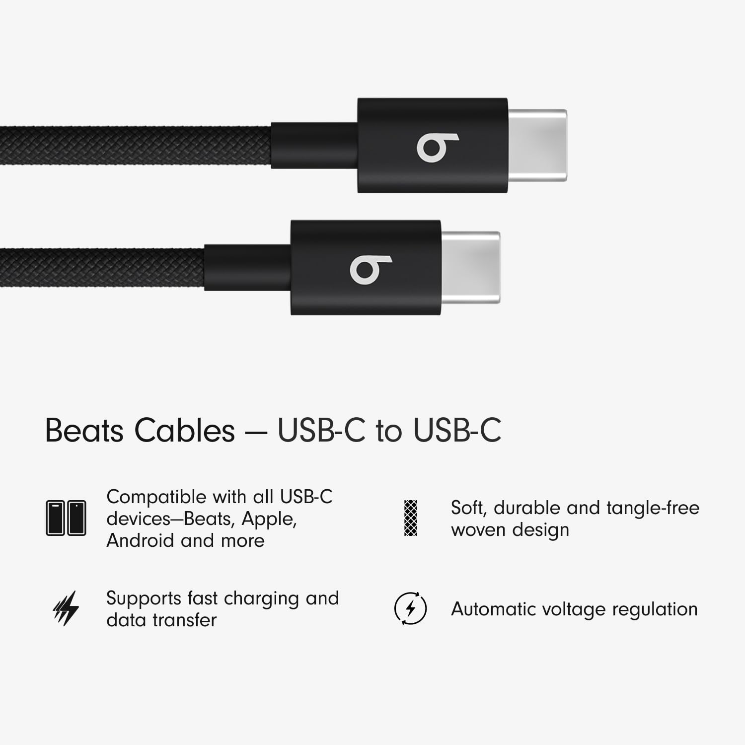 Beats USB-C to USB-C Woven Cable 2 Pack Fast Charging Durable/Tangle-Free Compatible Charger for Apple & Android Devices 1.5 m, 5 ft - Bolt Black