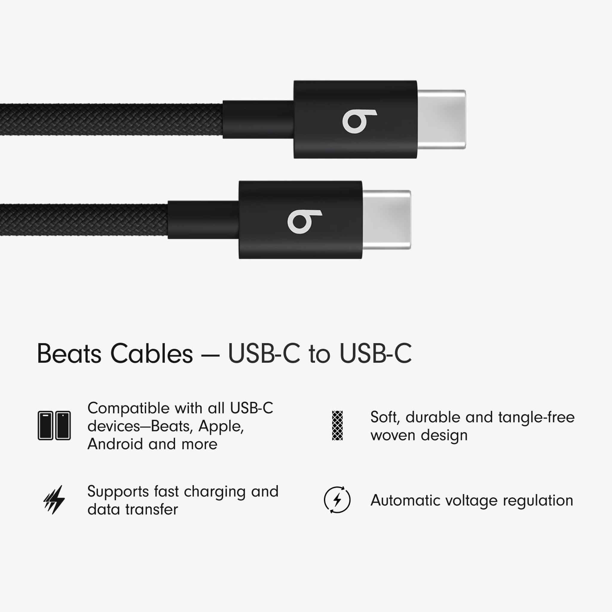 Beats USB-C to USB-C Woven Cable Fast Charging Durable/Tangle-Free Compatible Charger for Apple & Android Devices 1.5 m, 5 ft - Bolt Black