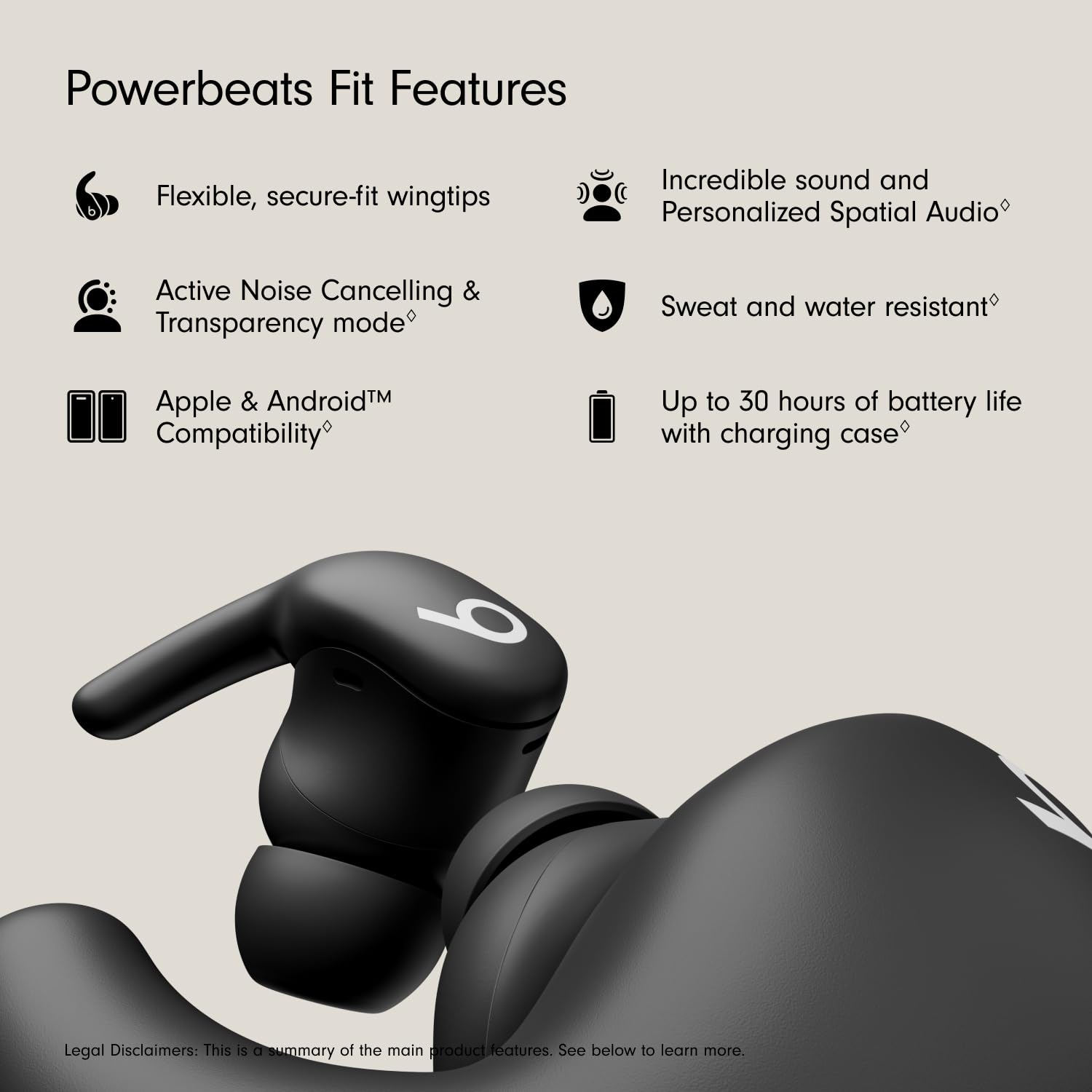 Beats - Powerbeats Fit - Wireless Noise-Cancelling Workout Earbuds with Upgraded Secure Fit Wingtips, IPX4, Up to 30H of Battery Life & Charging case, Compatible with Apple & Android - Jet Black