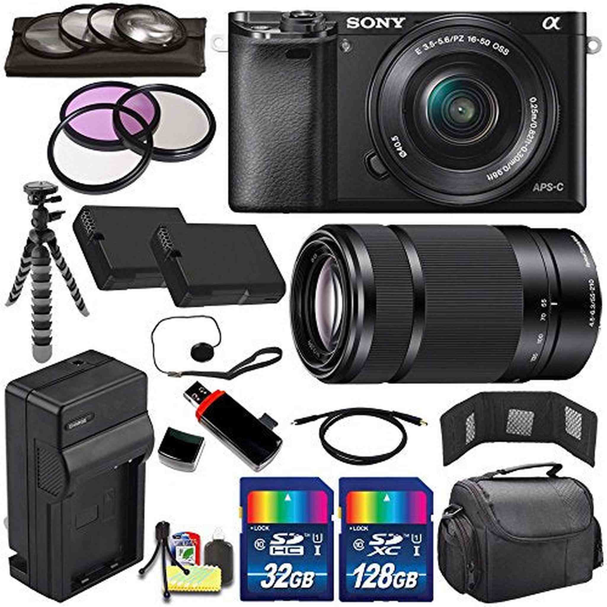 Sony Alpha a6000 Mirrorless Digital Camera with 16-50mm Lens Black + Sony E 55-210mm f/4.5-6.3 OSS E-Mount Lens 160GB Bundle