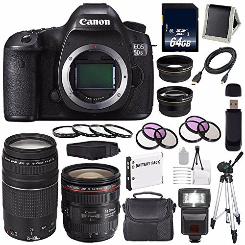 Canon EOS 5DS R DSLR Camera (International Model) 0582C002 + Canon EF 24-70mm f/4L is USM Lens + Canon EF 75-300 III Pro Bundle