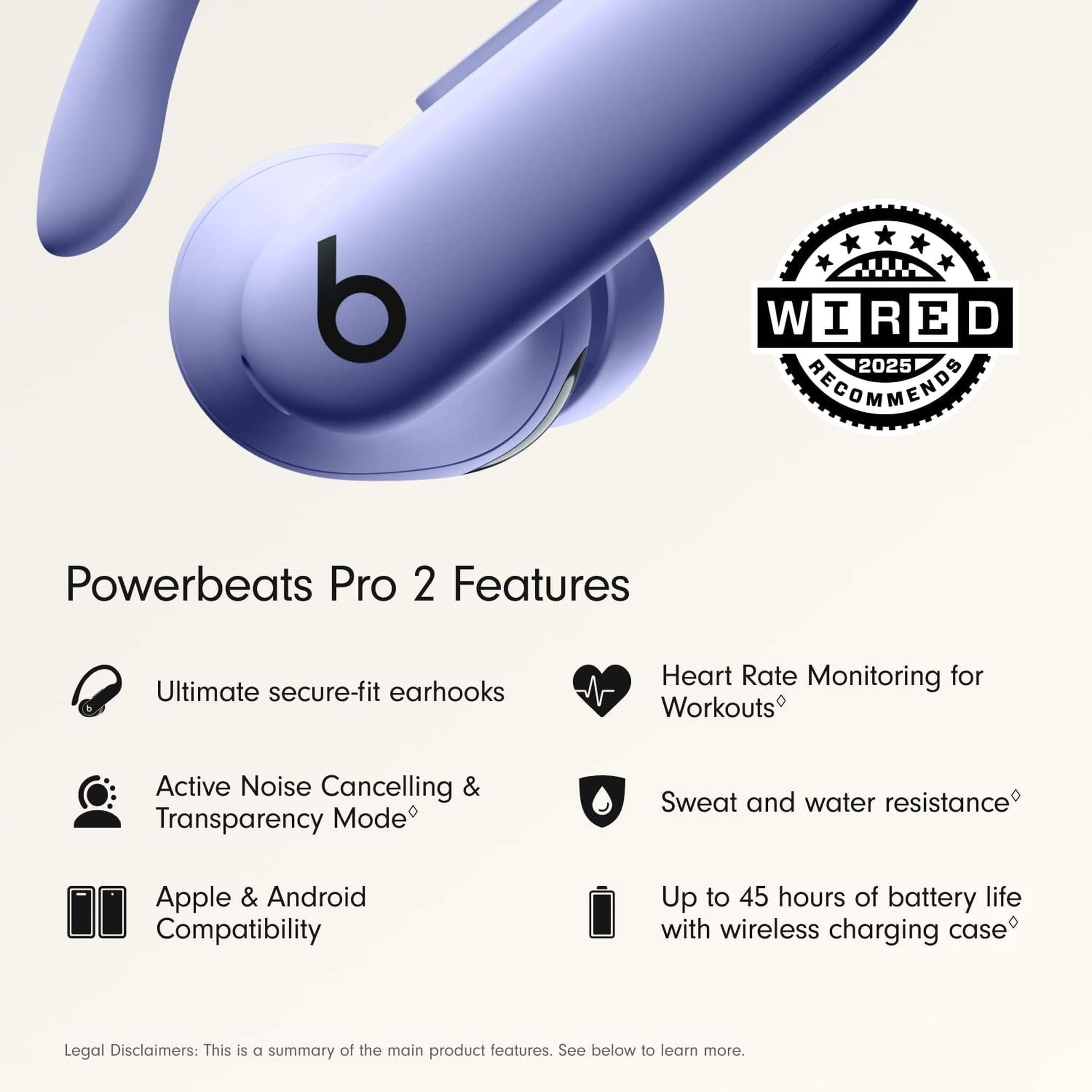 Beats Powerbeats Pro 2 Wireless Bluetooth Earbuds - Noise Cancelling, Heart Rate Monitor, IPX4, Up to 45H Battery & Charging Case, Works with Apple & Android - Hyper Purple