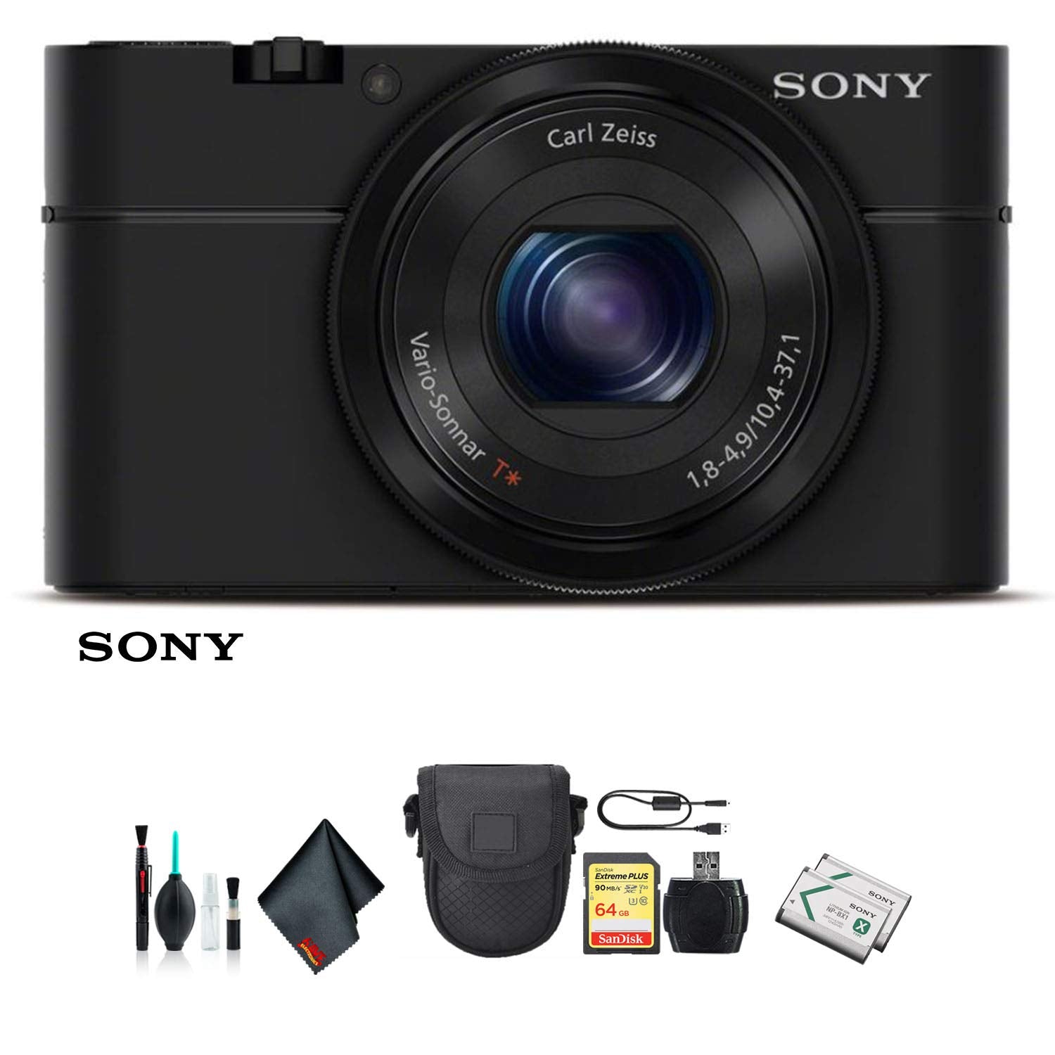 Sony Cyber-shot DSC-RX100 Camera DSCRX100/B With Soft Bag, Additional Battery, 64GB Memory Card, Card Reader , Plus Essential Accessories