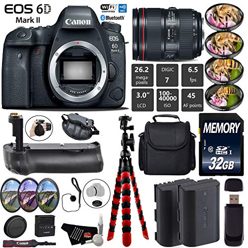Canon EOS 6D Mark II DSLR Camera with 24-105mm f/4L II Lens + Professional Battery Grip + 4PC Macro Filter Kit + LED Kit Starter Bundle
