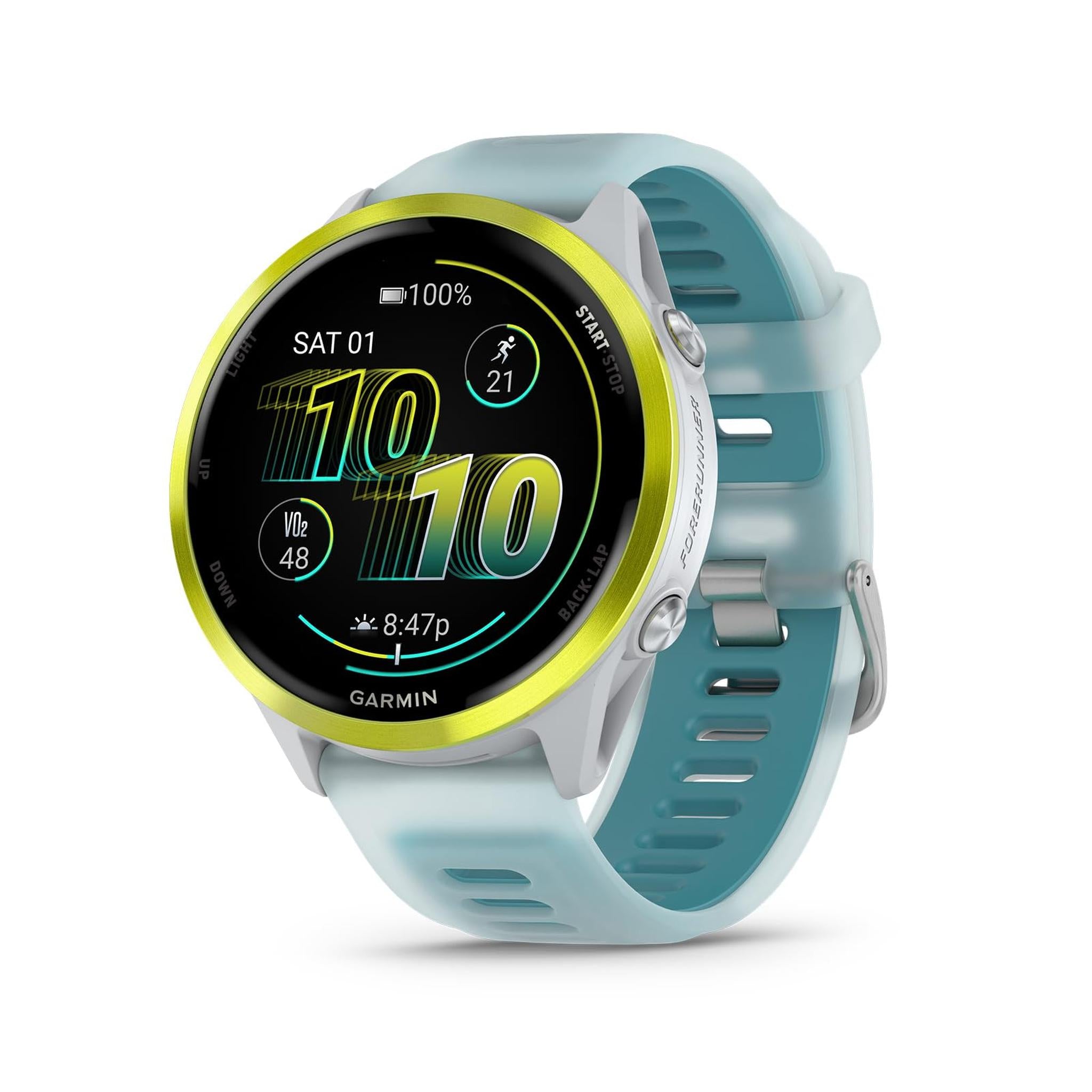Garmin® Forerunner® 570, 47mm, Advanced GPS Running and Triathlon Smartwatch, AMOLED Display, Training and Recovery Features, Amp Yellow Aluminum with Translucent Whitestone/Turquoise Band Garmin
