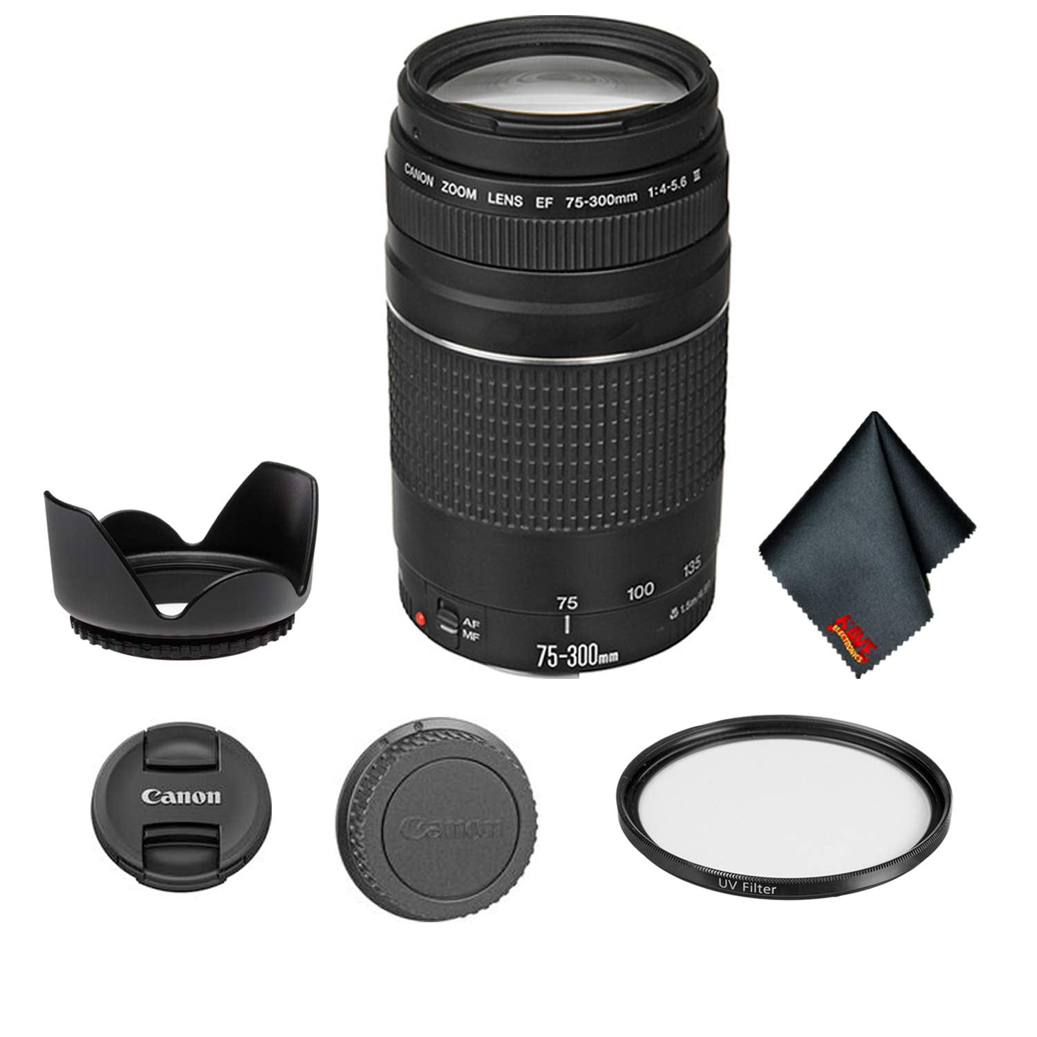 Canon EF 75-300mm f/4-5.6 III Telephoto Zoom Lens 6473A003 Bundle with Tulip Lens Hood + UV Filter + More