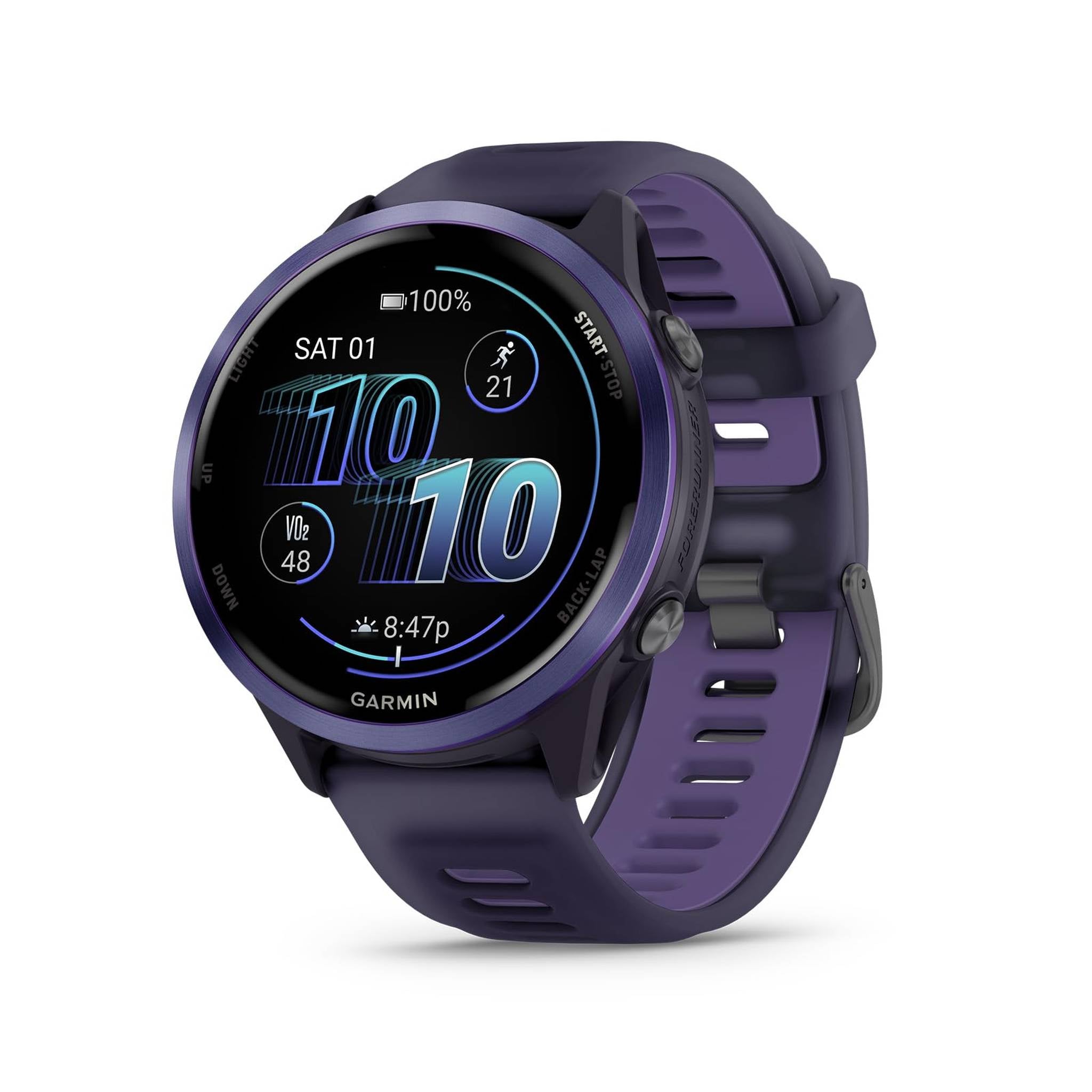 Garmin® Forerunner® 570, 47mm, Advanced GPS Running and Triathlon Smartwatch, AMOLED Display, Training and Recovery Features, Indigo Aluminum with Translucent Imperial Purple/Indigo Band Garmin