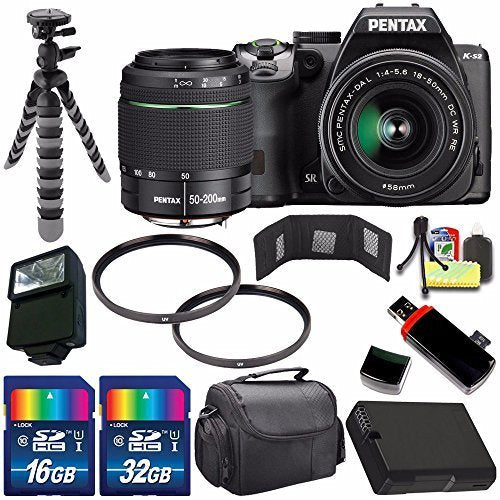 Pentax K-S2 DSLR Camera with 18-50mm & 50-200mm Lenses (Black) + Replacement Battery + 48GB Deluxe Accessory Kit Bundle